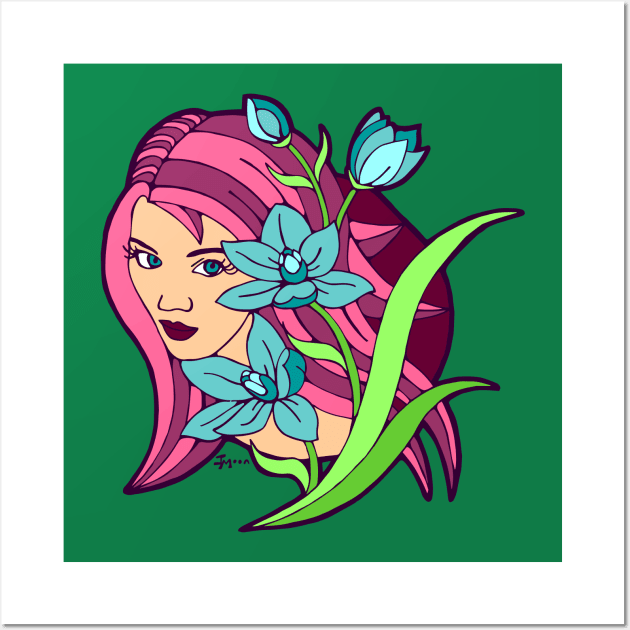 Pink Haired Girl and Blue Lilies Wall Art by Julia Moon